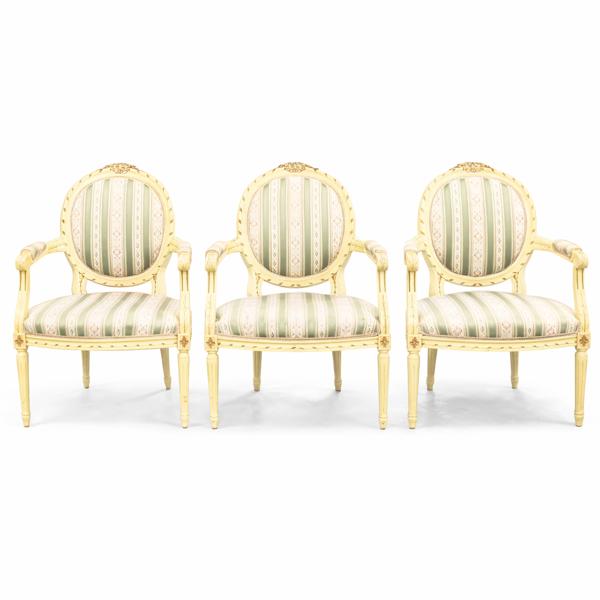 Karmstolar, 3st, gustavianskstil, 1900-tal. 