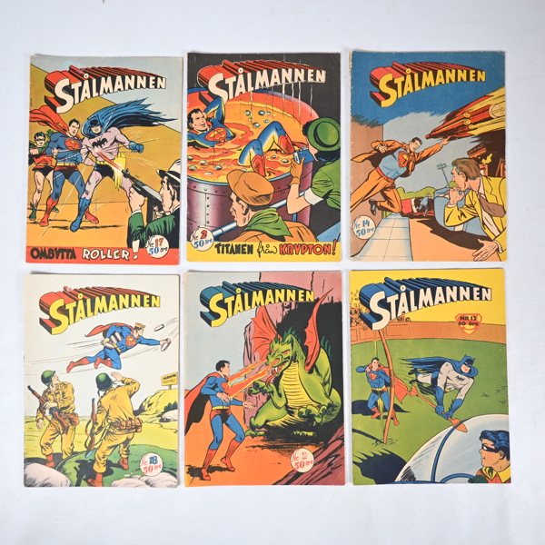 Serietidningar, 6st, stålmannen, 1950-tal. 