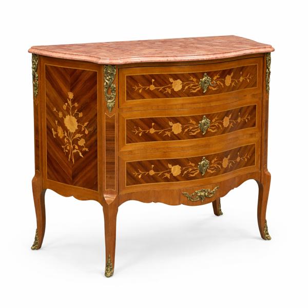 Byrå med intarsia, stenskiva, rokokostil, 1900-tal.