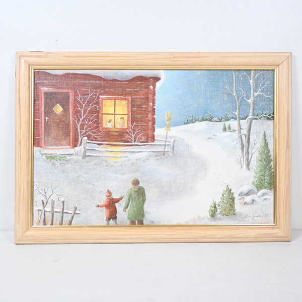 Barbro Lindgren (f. 1937), Stuga i vinterlandskap, olja på duk, signerad. 