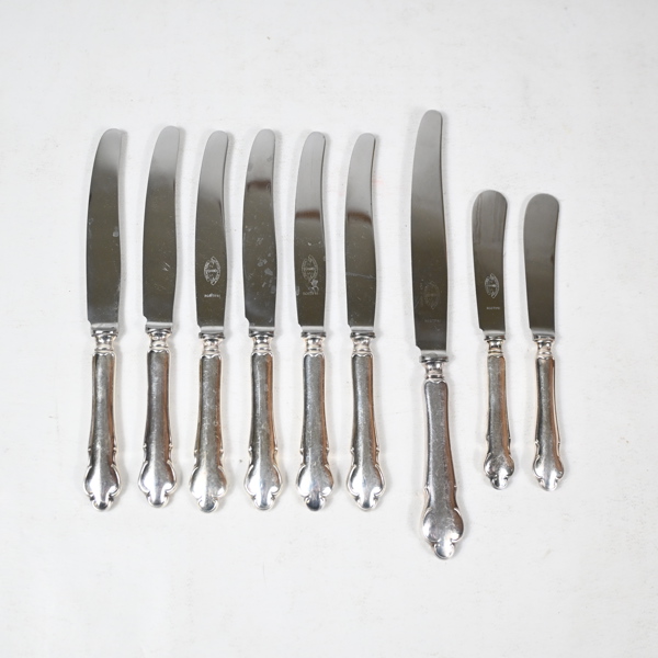 Knivar i silver, 9st, rostfritt blad, "Disa", 1900-tal.
