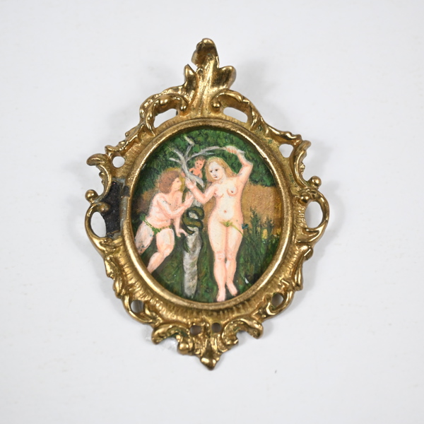 Miniatyrmålning, "Adam & Eva i paradiset", olja på ben, omkring 1900. 