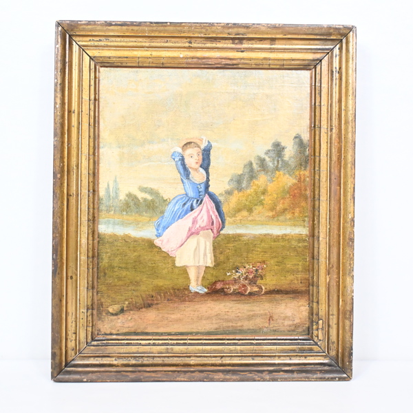 Oidentifierad konstnär, dansande flicka i landskap, olja på pannå, 1800-tal.