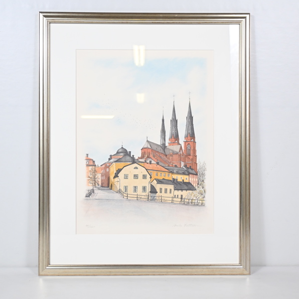 Anita Mattsson (1951-2024), färglitografi, Uppsala Domkyrka, signerad och numrerad.