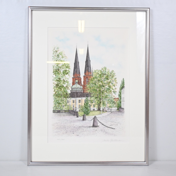 Anita Mattsson (1951-2024), färglitografi, Uppsala Domkyrka, signerad och numrerad.