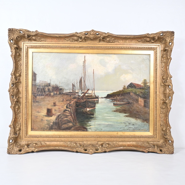 Okänd konstnär, Hamnmotiv, olja på duk, signerad.