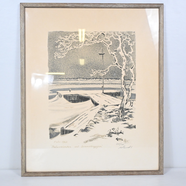 Roland Svensson (1910-2003), "Pelarvinter vid svansbryggan", färglitografi, signerad och numrerad. 