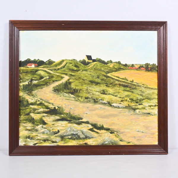 Oidentifierad konstnär, "Gamla Uppsala Högar" olja på pannå, signerad.