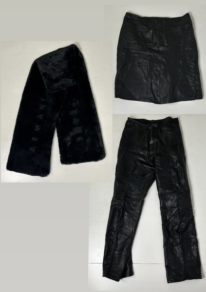 Skinnbyxor Hollis, Skinnkjol Serge Mikq, Pälskrage Simon T Armani Jeans. Kjol storlek 40