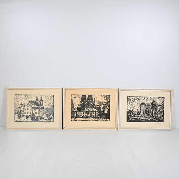 Gösta Josefsson, träsnitt, 3st, Uppsalamotiv, signerade. 