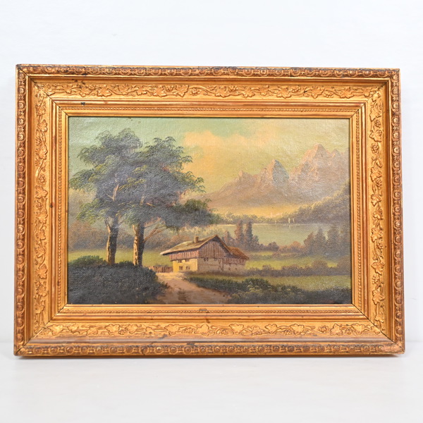 Okänd konstnär, Alplandskap med stuga, 1800-tal.