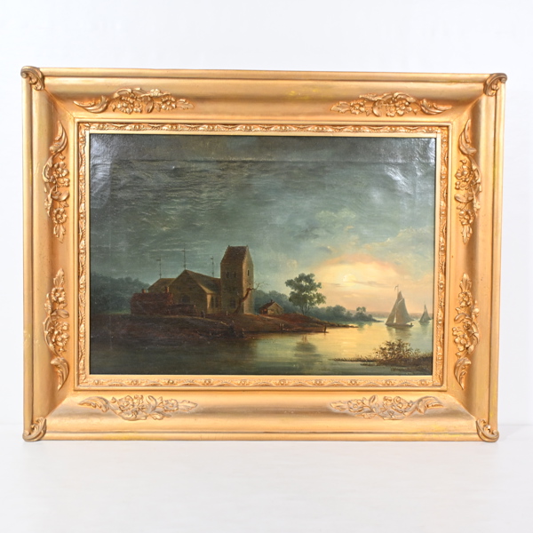 Okänd konstnär, "Kyrka vid vatten i skymningsljus", olja på duk, 1800-tal. 