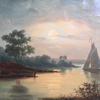 Okänd konstnär, "Kyrka vid vatten i skymningsljus", olja på duk, 1800-tal.