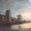 Okänd konstnär, "Kyrka vid vatten i skymningsljus", olja på duk, 1800-tal.
