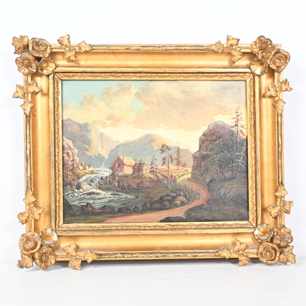 Oidentifierad konstnär, fors i fjällandskap, olja på duk, daterad 1869.