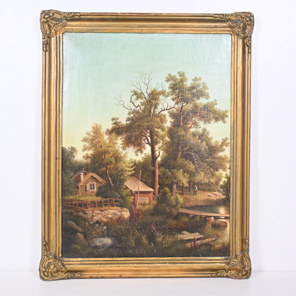 Okänd konstnär, Landskap med bebyggelse, olja på duk, omkring 1900.