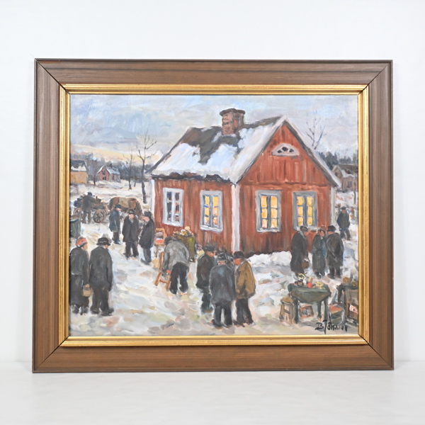 Bror Jönsson (f. 1931), "Auktion i Småland", olja på duk, signerad.