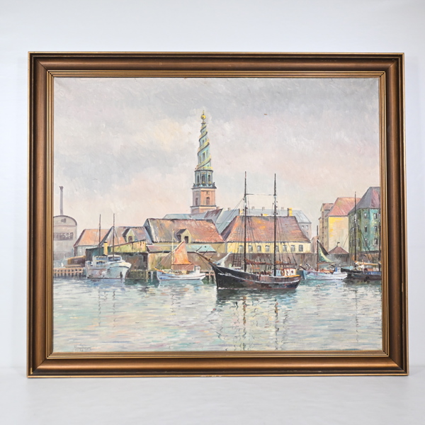 Arup Jensen (Danmark, 1906-1956), "Hamnscen i Köpenhamn", olja på duk, signerad.