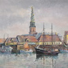 Arup Jensen (Danmark, 1906-1956), "Hamnscen i Köpenhamn", olja på duk, signerad.
