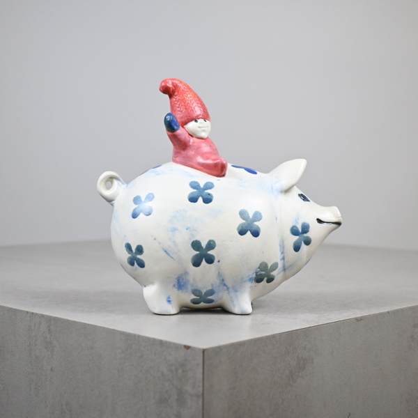 Lisa Larson, figurin, tomte ridande på gris, stengods, Gustavsberg.