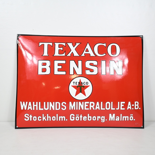 Emaljskylt, Texaco Bensin, 1900-tal.