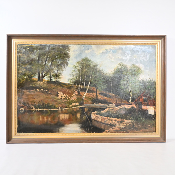 Okänd konstnär, byggnad vid vatten, olja på duk, 1900-tal.
