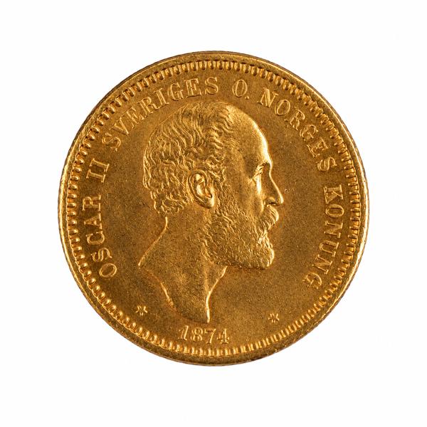 Guldmynt i 21,6k guld, Oscar II, 10kr, Sverige, 1874.