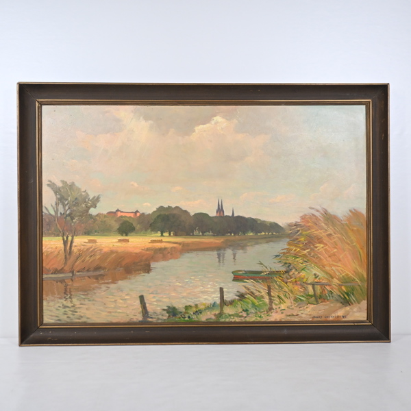 Jonas Lindkvist (1889-1955), "Vy över Fyrisån mot Uppsala slott", olja på duk, signerad. 