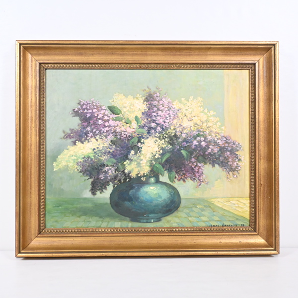 Jonas Lindkvist (1889-1955), Blomsterstilleben, olja på pannå, signerad. 