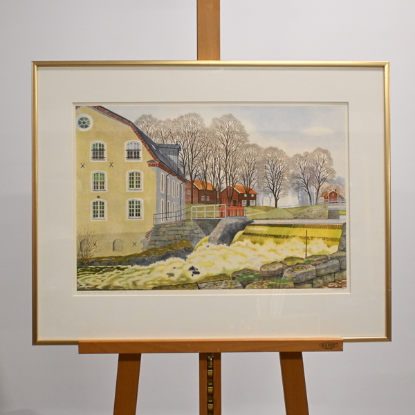 Carin Ax (1915-2006), "Vårflod vid Ulva kvarn", färglitografi, signerad och numrerad.