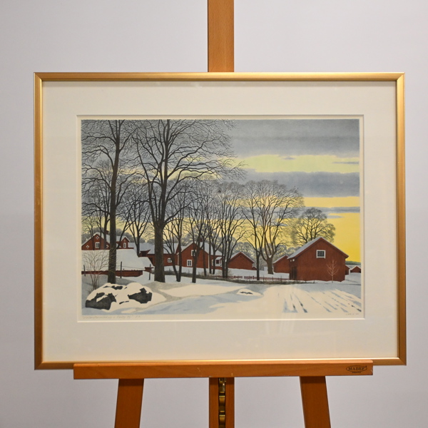 Carin Ax (1915-2006), "Vintereftermiddag i Ekeby by", färglitografi, signerad.