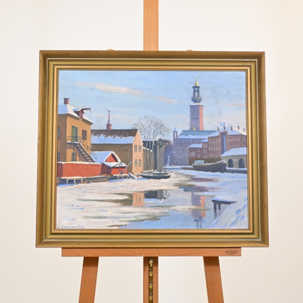 Gunnar Zetterström (1902-1965) Vy över Stadshuset Stockholm, olja på pannå, signerad.
