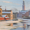 Gunnar Zetterström (1902-1965) Vy över Stadshuset Stockholm, olja på pannå, signerad.