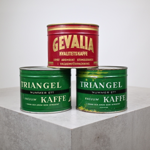 Kaffeburkar, 3st, Gevalia & Triangel, 1900-tal.