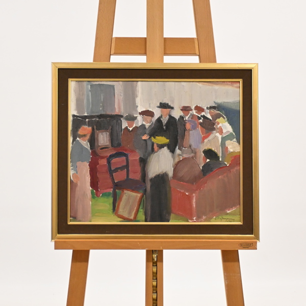Gillis Magnusson (1908-1996), interiör med figurer, olja på pannå, signerad.