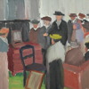 Gillis Magnusson (1908-1996), interiör med figurer, olja på pannå, signerad.