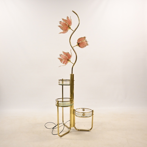 Golvlampa med blomställ, glas och gulmetall, 1900-talets andra hälft.