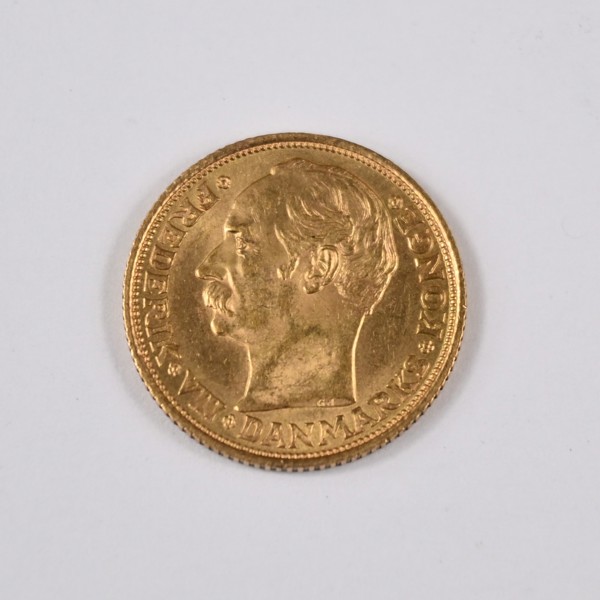 Mynt i 21,6k guld, Fredrik VIII 10kr, Danmark, 1908.