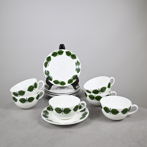 Stig Lindberg, kaffekoppar med fat, 6st, "Berså", porslin, Gustavsberg.