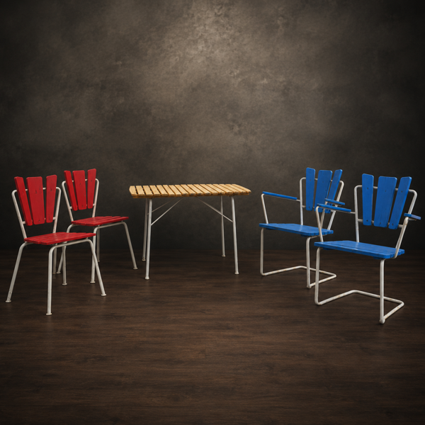 Trädgårdsgrupp, 5 delar, "Special", Herman Perssons Järn- och trämanufaktur, Bjärnum, 1950/60-tal.