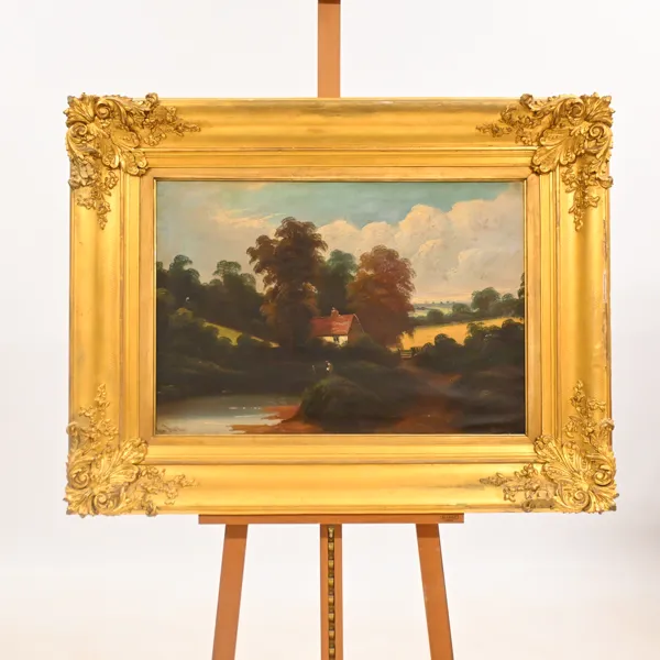 Okänd konstnär, landskapsmotiv med sjö, olja på duk, 1800-tal.