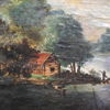 Okänd konstnär, hus vid vatten, olja på pannå, 1891.