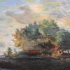 Okänd konstnär, hus vid vatten, olja på pannå, 1891.
