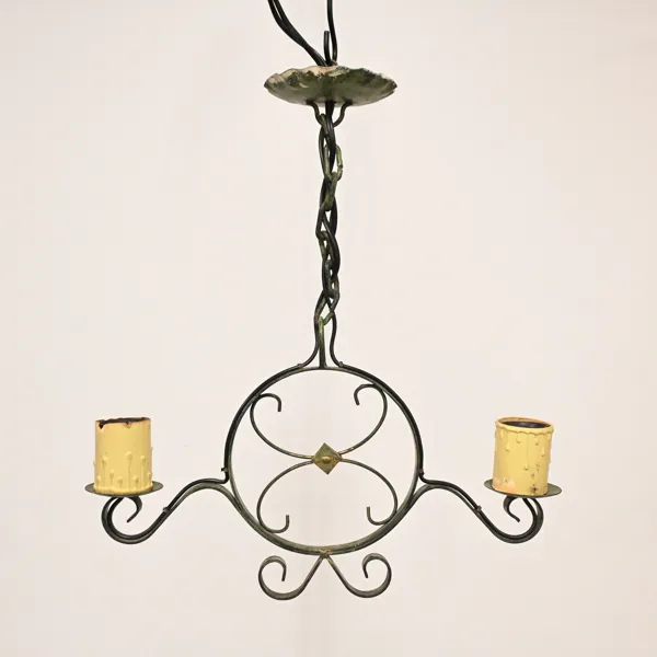 Taklampa, två-armad, patinerad metall, 1920/30-tal.