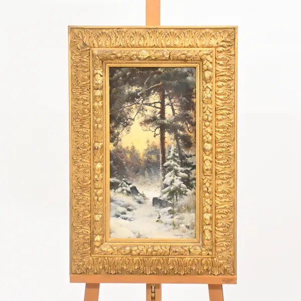 Arvid Mauritz Lindström (1849-1923) vinterlandskap i gryningsljus, olja på duk, signerad.