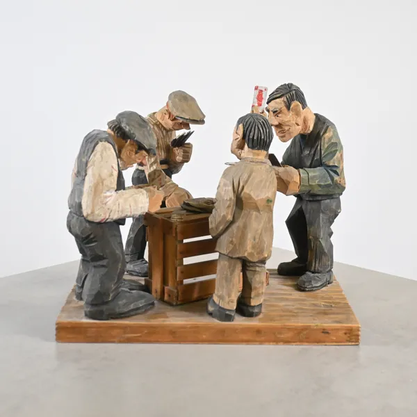 Roland Lundgren, träskulptur, "Kortspelarna", signerad.