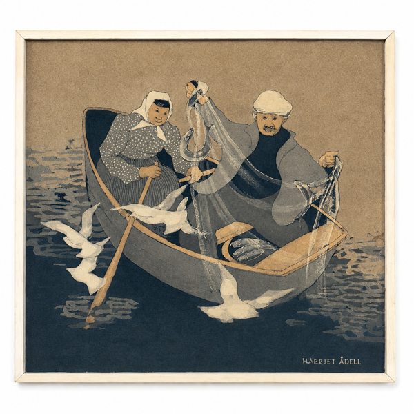 Harriet Ådell, batik på duk, "Fiskare", 1900-tal.