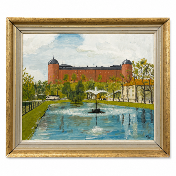 Oidentifierad konstnär, olja på pannå, Uppsala slott och svandammen, 1955.