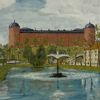 Oidentifierad konstnär, olja på pannå, Uppsala slott och svandammen, 1955.