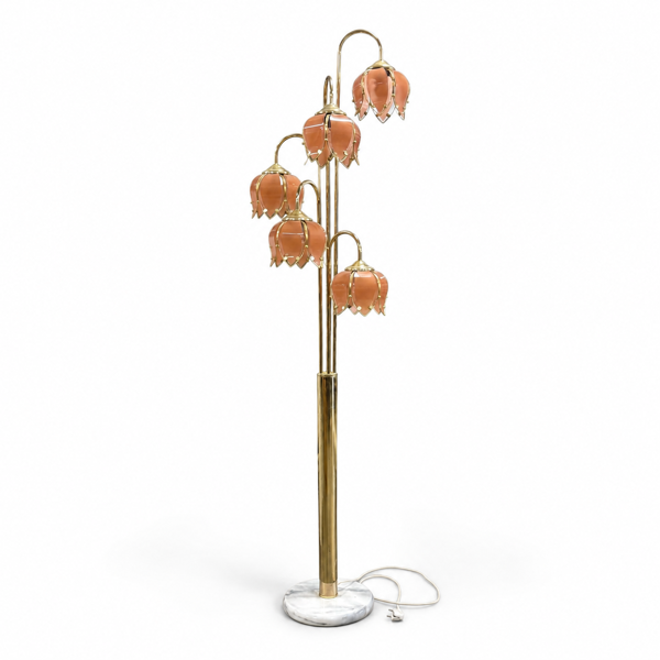 Golvlampa, 5-armad, mässing och glas, 1900-talets andra hälft.